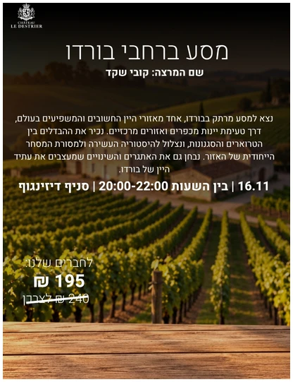 אתר דיזינגוף טעימת מסע בכרמי בורדו - 16.11 דיזינגוף – תמונה 1